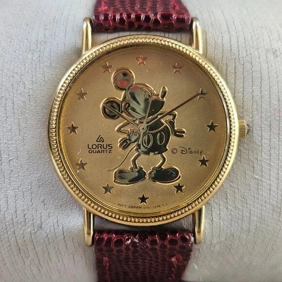Vintage Disney Lorus Wristwatch Burgundy Tone Genuine Leather Strap Watch - Picture 3 of 12